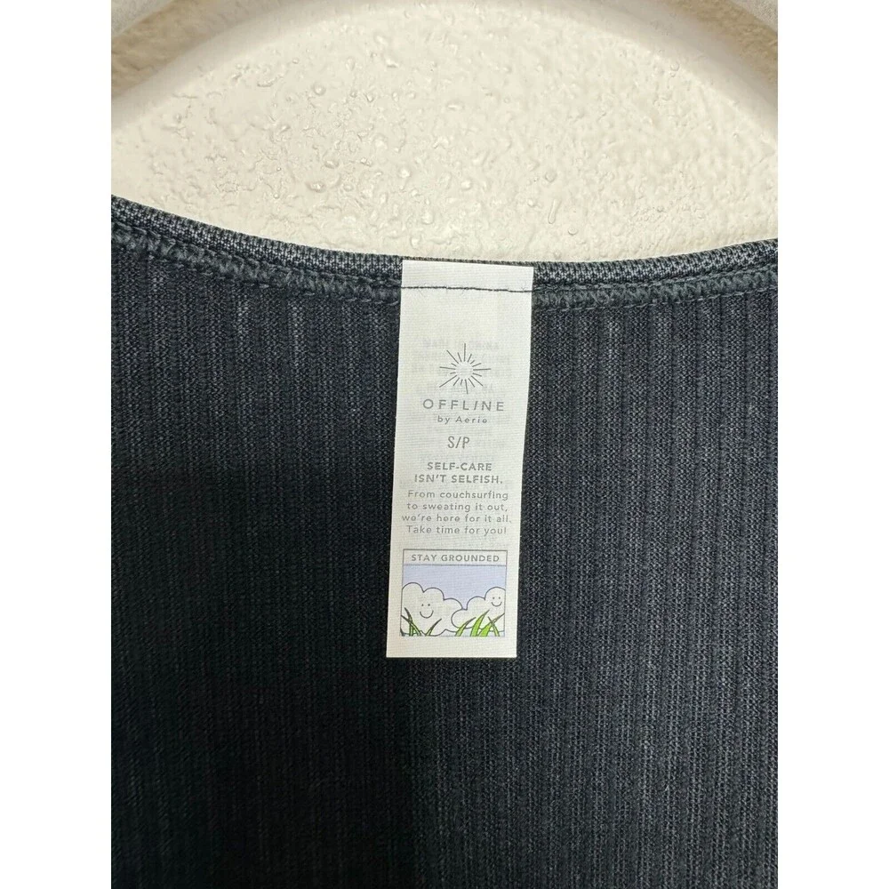 OFFLINE Aerie Seamless Cable Cropped Acid Wash Top Sz S Black Long Sleeve New